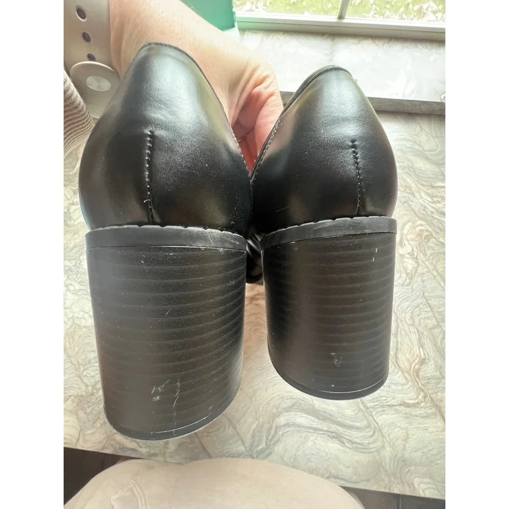 Marc Fisher Black Leather Horsebit Loafer Heels Womens 10M Block Chunky‎
